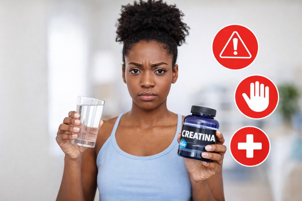 creatina engorda ou retém líquido mulher segurando creatina e água com expressão de dúvida
