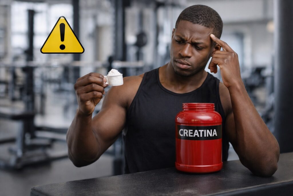 Homem analisando suplemento de creatina em academia com dúvida se creatina faz mal