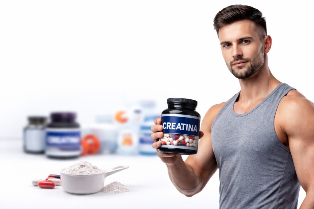 Atleta segurando pote de creatina com suplemento em pó ao fundo representando a melhor creatina em 2026