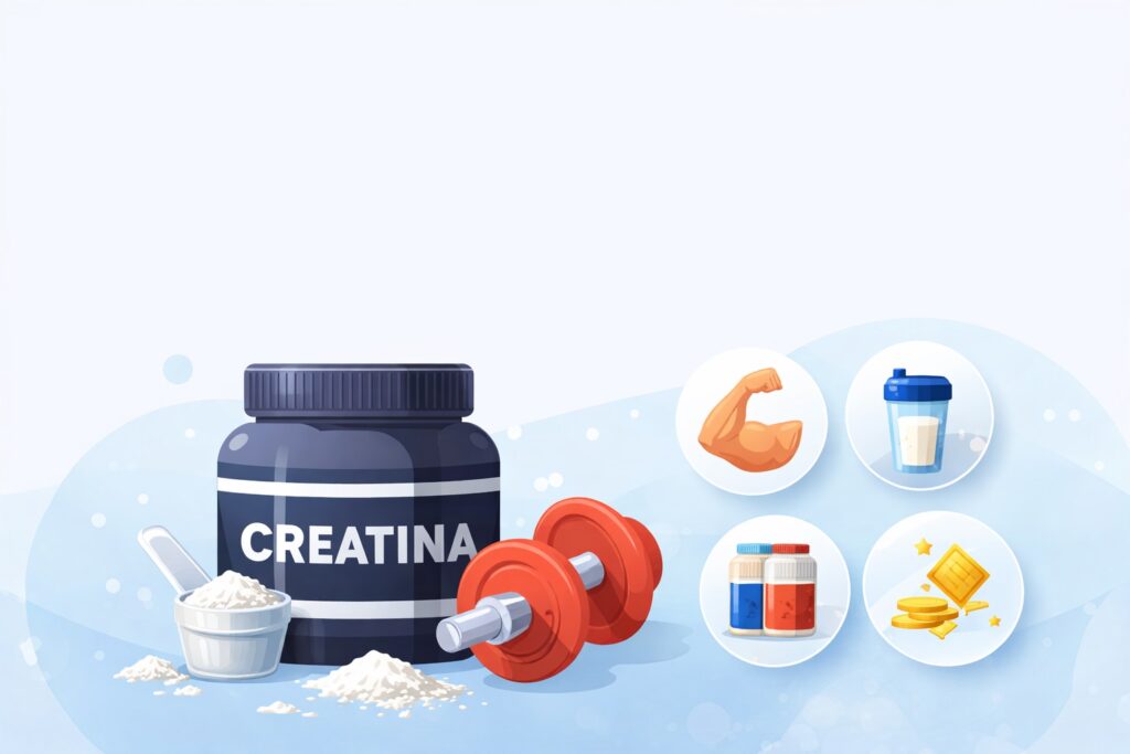 Creatina em pó com frasco, scoop e halter para força e desempenho